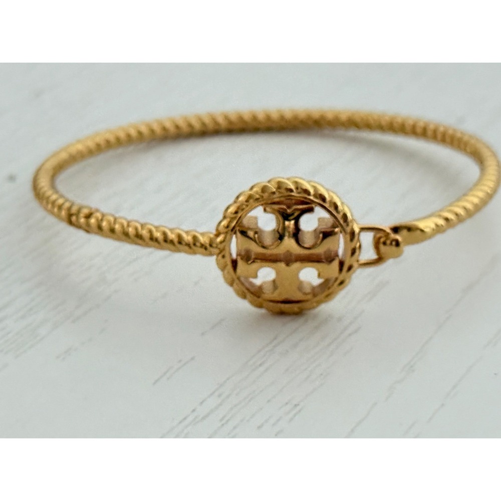 New Tory Burch Rope Hinged Bangle Bracelet Gold Tone Double Round T Logo NWT
